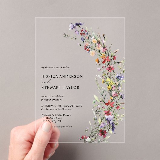 水エレガント色ワイルドフラワーフォトズ結婚ーズ アクリル招待状 (インサイチュ (ポータブル))