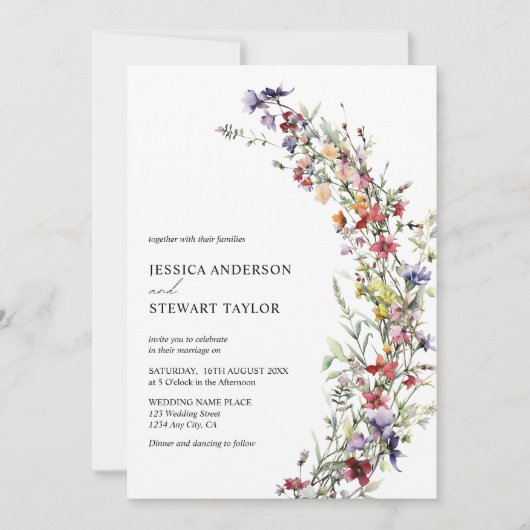 水エレガント色ワイルドフラワーフォトズ結婚ーズ 招待状 (正面)