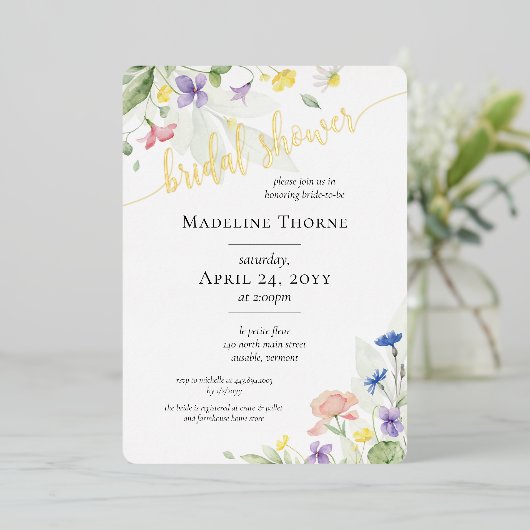 水エレガント色ワイルドフラワーフローラブライダルシャワー 箔招待状 (立ち正面)
