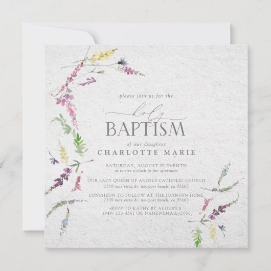 水エレガント色ワイルドフラワーフローラベビーバプテスマ 招待状 (正面)