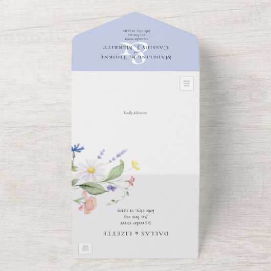 水エレガント色ワイルドフラワーボホフローラ結婚ズ オールインワン招待状 (外側)