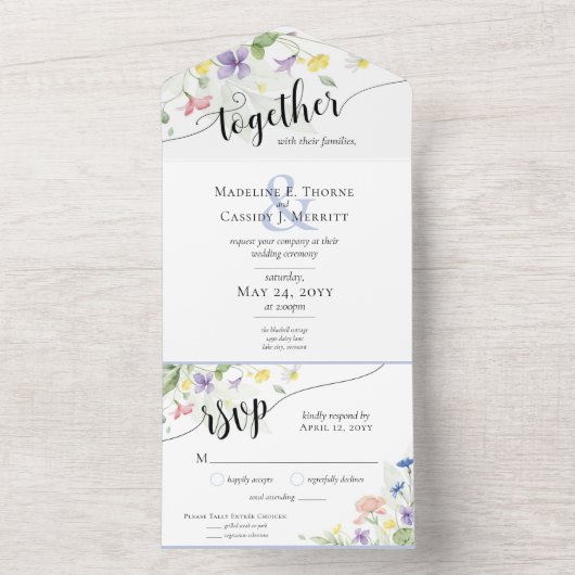 水エレガント色ワイルドフラワーボホフローラ結婚ズ オールインワン招待状 (内側)