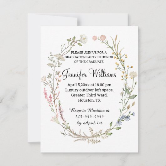 水エレガント色ワイルドフラワー写真卒業 招待状 (裏面)