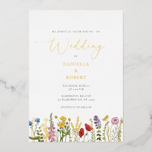 水エレガント色ワイルドフラワー結婚のフローラ 箔招待状 (正面)