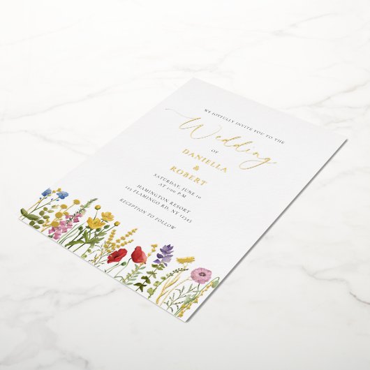 水エレガント色ワイルドフラワー結婚のフローラ 箔招待状 (回転した状態)