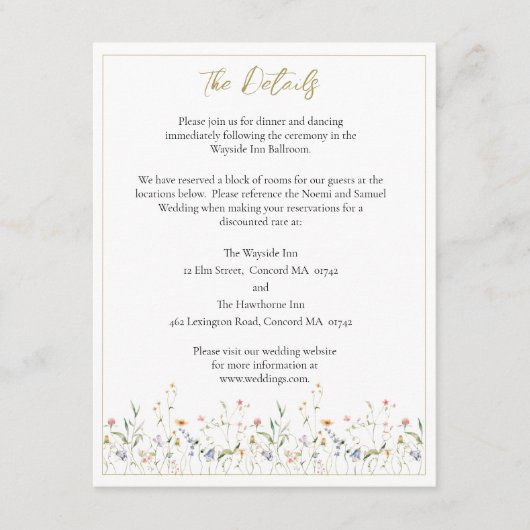 水エレガント色ワイルドフラワー結婚の詳細 エンクロージャーカード (正面)