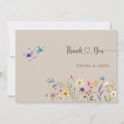 水エレガント色ワイルドフラワー結婚写真 サンキューカード (正面)