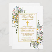 水エレガント色ワイルドフラワー金ゴールド聖体 招待状 (正面/裏面)