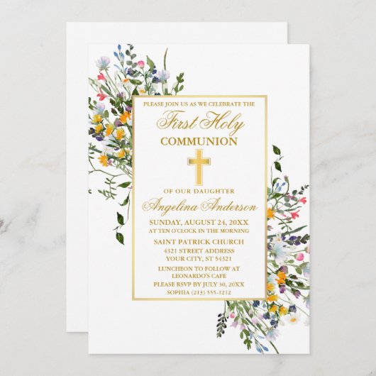 水エレガント色ワイルドフラワー金ゴールド聖体 招待状 (正面/裏面)