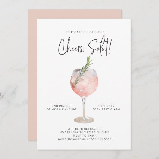 水エレガント色ワインカクテルパーティーピンク21st 招待状 (正面/裏面)