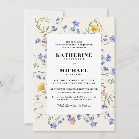 水エレガント色ワルドフラワーメドウ結婚ズ 招待状 (正面)