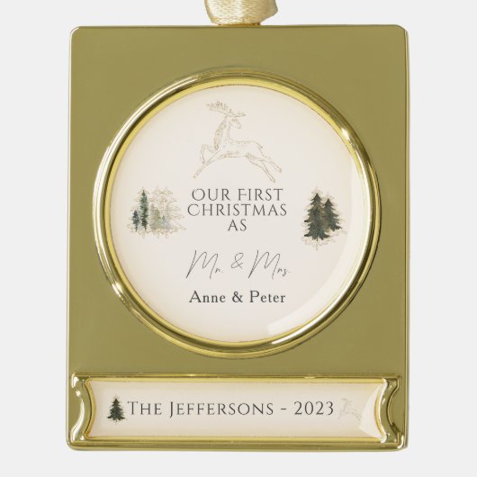 水エレガント色初めてのクリスマス結婚した ゴールドプレートバナーオーナメント (正面)