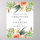 水エレガント色多肉質結婚の歓迎サイン ポスター (正面)