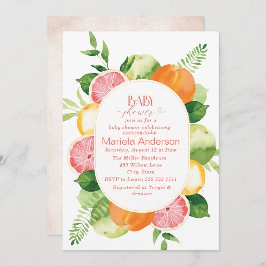 水エレガント色柑橘系ピンク色の花ベビーショー 招待状 (正面/裏面)