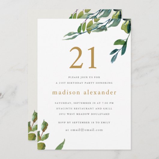水エレガント色植物学21歳の誕生日 招待状 (正面/裏面)