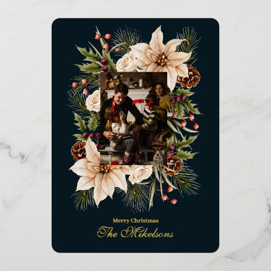 水エレガント色植物性クリスマスフォト 箔シーズンカード (正面)