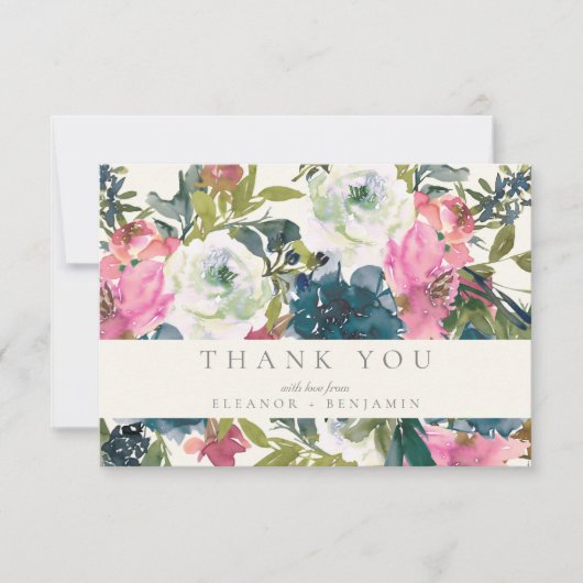 水エレガント色植物性フローラ開花結婚ズ サンキューカード (正面)