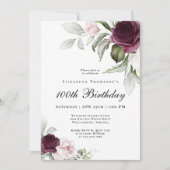 水エレガント色植物第100誕生日 招待状 (正面)