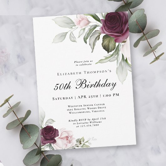 水エレガント色植物第50誕生日 招待状