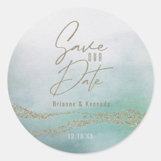 水エレガント色海アクア&金ゴールド保存日 ラウンドシール (正面)