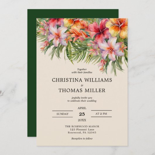 水エレガント色熱帯結婚式招待状 招待状 (正面/裏面)