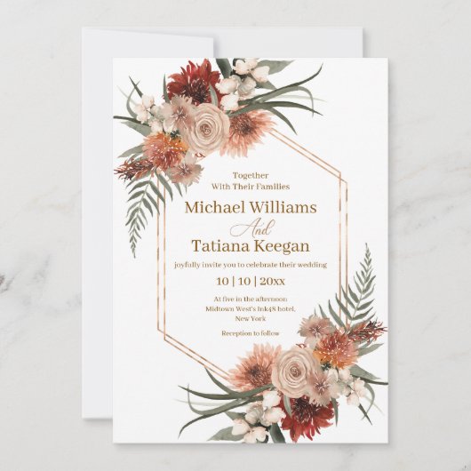 水エレガント色秋フローラテラコッタ結婚ズ 招待状 (正面)