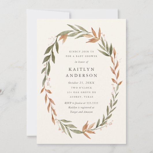 水エレガント色秋リースベビーシャワー 招待状 (正面)