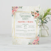 水エレガント色結婚：緑、金ゴールド、ピンク 招待状 (スタンド正面)