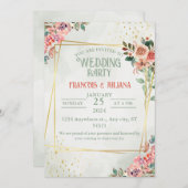 水エレガント色結婚：緑、金ゴールド、ピンク 招待状 (正面/裏面)