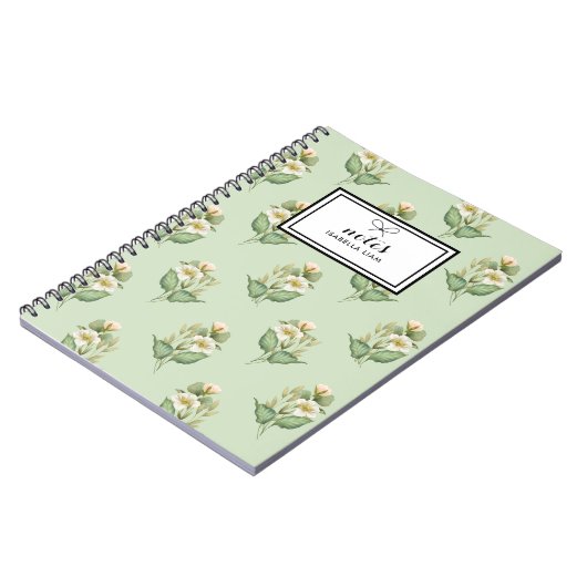 水エレガント色緑の白い花模様 ノートブック (左側)