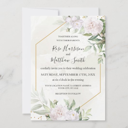 水エレガント色緑の白い花結婚の 招待状 (正面)