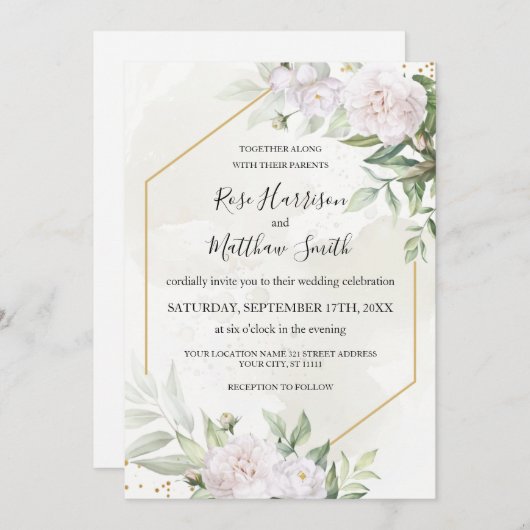 水エレガント色緑の白い花結婚の 招待状 (正面/裏面)