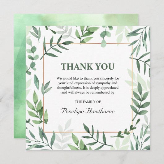 水エレガント色緑の葬式サンキューカード サンキューカード (正面/裏面)