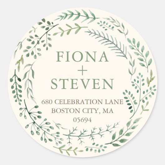 水エレガント色緑リース差出人住所 ラウンドシール (正面)
