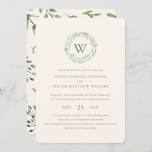水エレガント色緑リース結婚ズ 招待状 (正面/裏面)