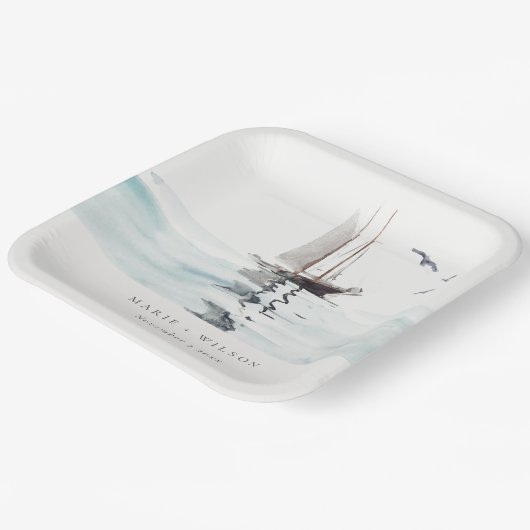 水エレガント色航海の帆船ヨット結婚ズ ペーパープレート (傾斜あり)