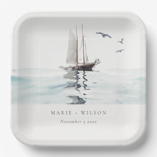 水エレガント色航海の帆船ヨット結婚ズ ペーパープレート (正面)