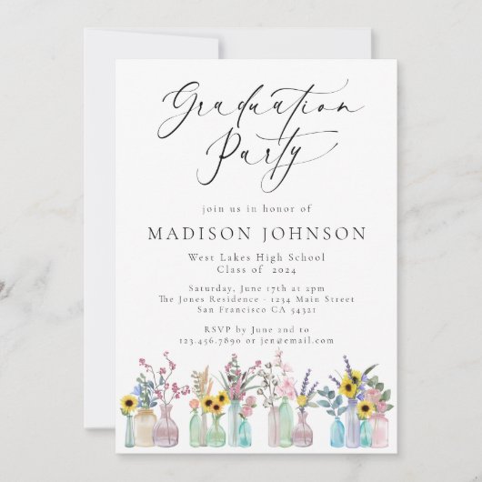 水エレガント色花模様スクリプト卒業パーティー 招待状 (正面)