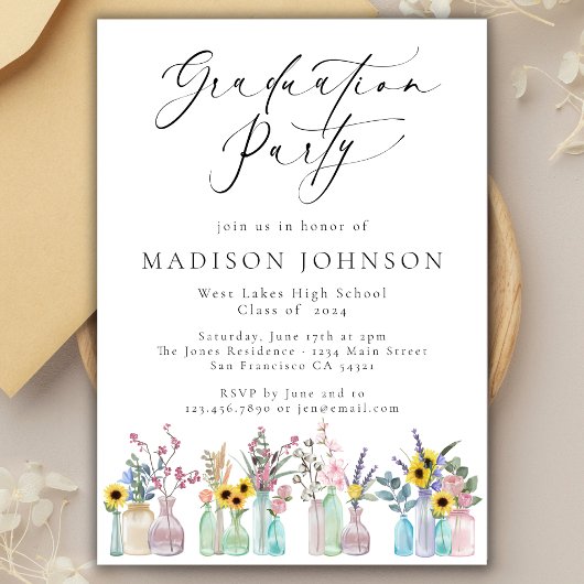 水エレガント色花模様スクリプト卒業パーティー 招待状