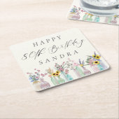 水エレガント色花模様ハッピー80誕生日 スクエアペーパーコースター (アングル)