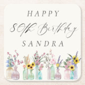 水エレガント色花模様ハッピー80誕生日 スクエアペーパーコースター (正面)