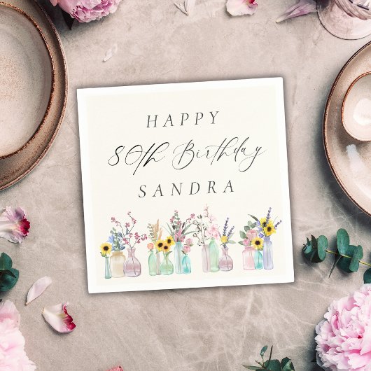 水エレガント色花模様ハッピー80誕生日 スタンダードカクテルナプキン