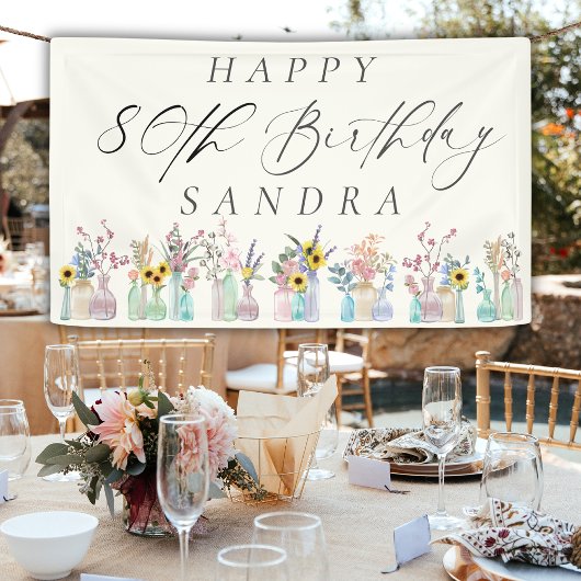 水エレガント色花模様ハッピー80誕生日 横断幕