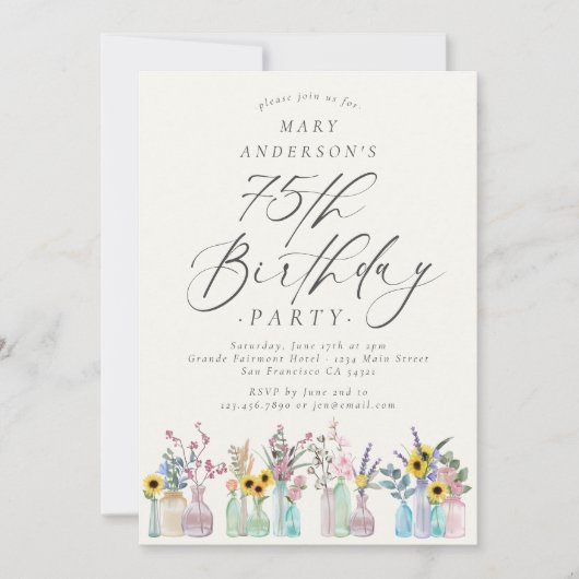 水エレガント色花模様75th誕生日パーティー 招待状 (正面)