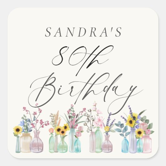 水エレガント色花模様80誕生日 スクエアシール (正面)