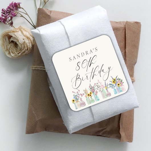 水エレガント色花模様80誕生日 スクエアシール