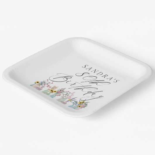 水エレガント色花模様80誕生日 ペーパープレート (傾斜あり)