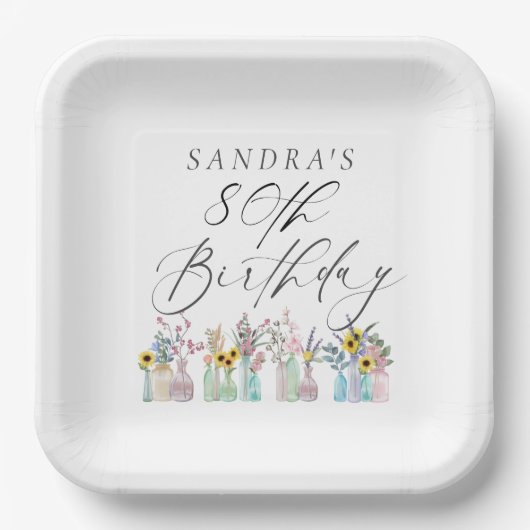 水エレガント色花模様80誕生日 ペーパープレート (正面)