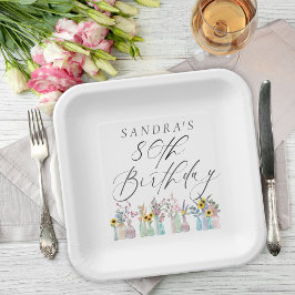 水エレガント色花模様80誕生日 ペーパープレート