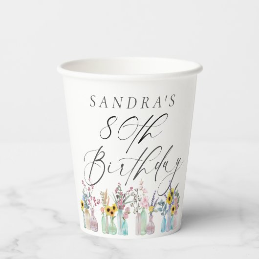 水エレガント色花模様80誕生日 紙コップ (裏面)